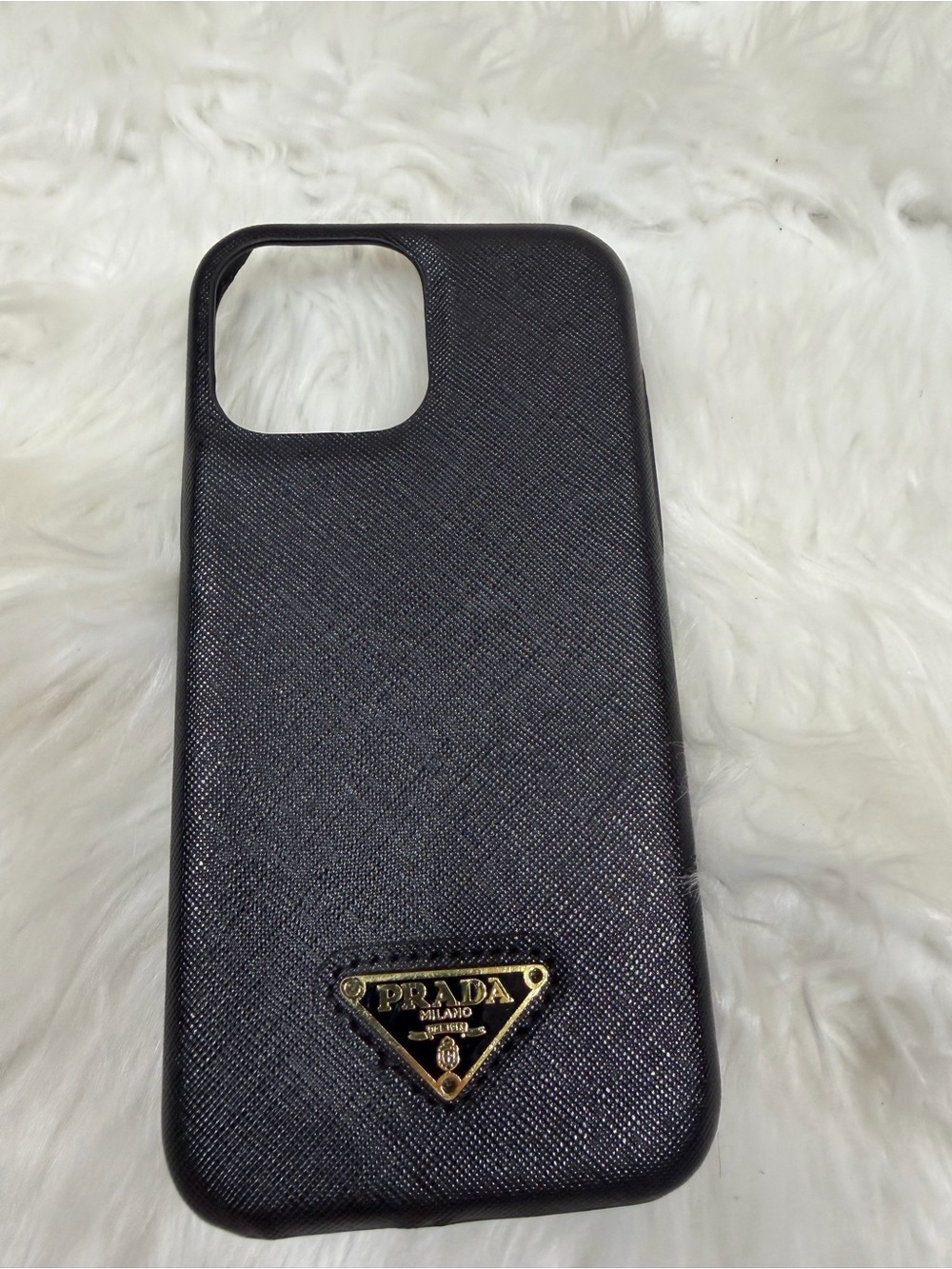 Prada Black Textured Leather Phone Case with Gold Logo Plaque